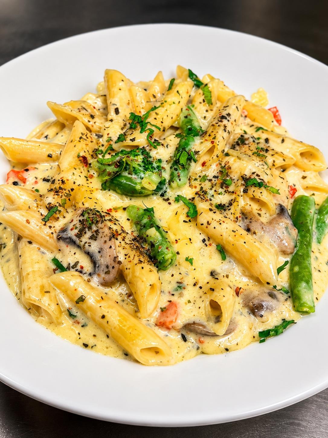Creamy penne pasta with vegetables at Morpeth Woodfire Pizza