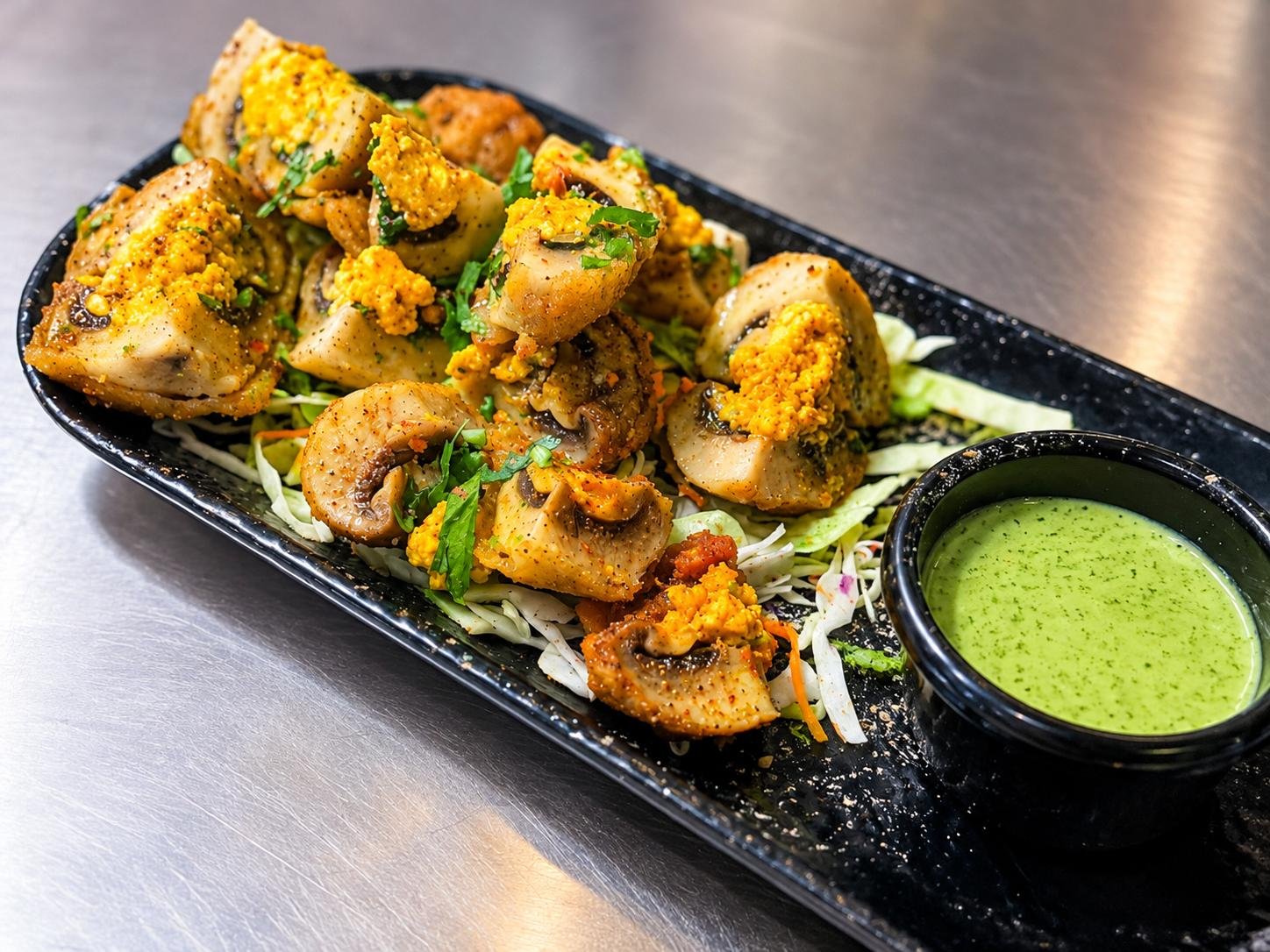 Grilled Indian starter with herbs and green sauce at Morpeth Woodfire Pizza